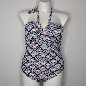 Leilani Blue White Tie Back Halter One Piece Swimsuit 14